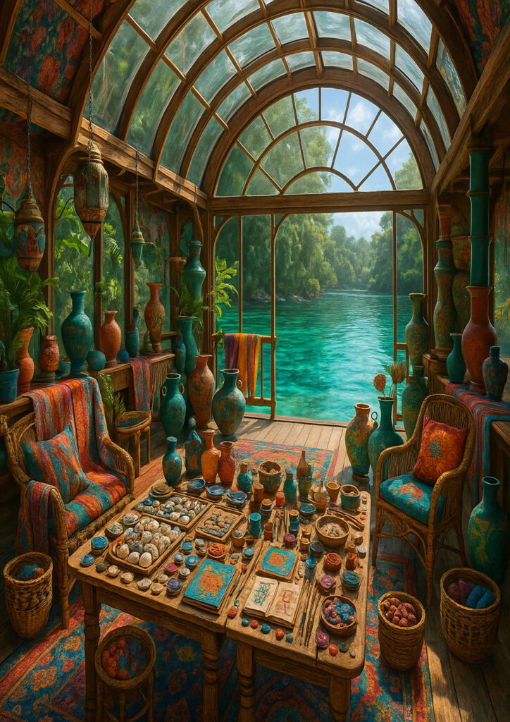 cozy room with cultural decor and warm lighting