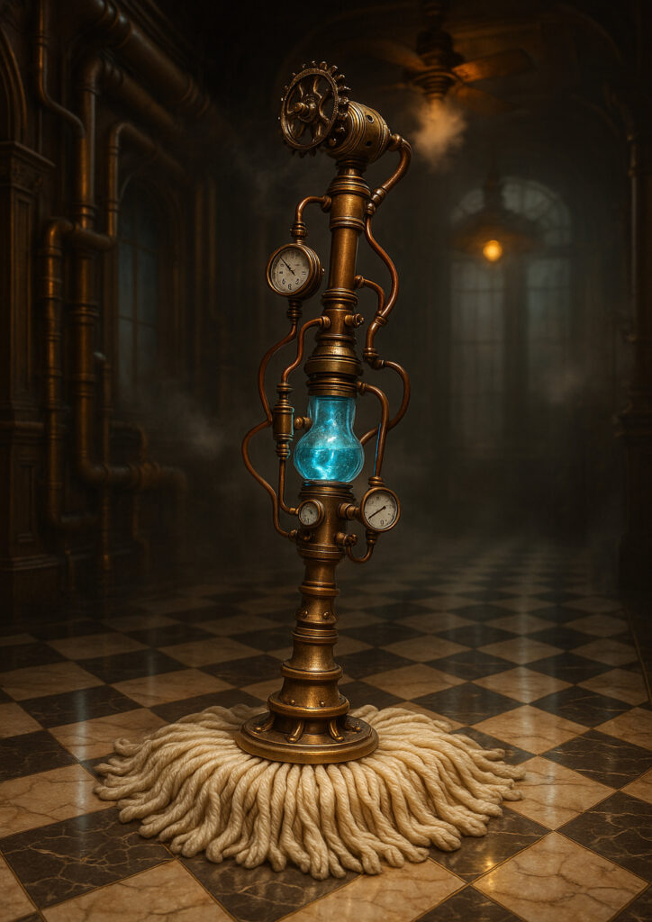 Steampunk everyday item illustration emphasizing gears, valves, and industrial construction.