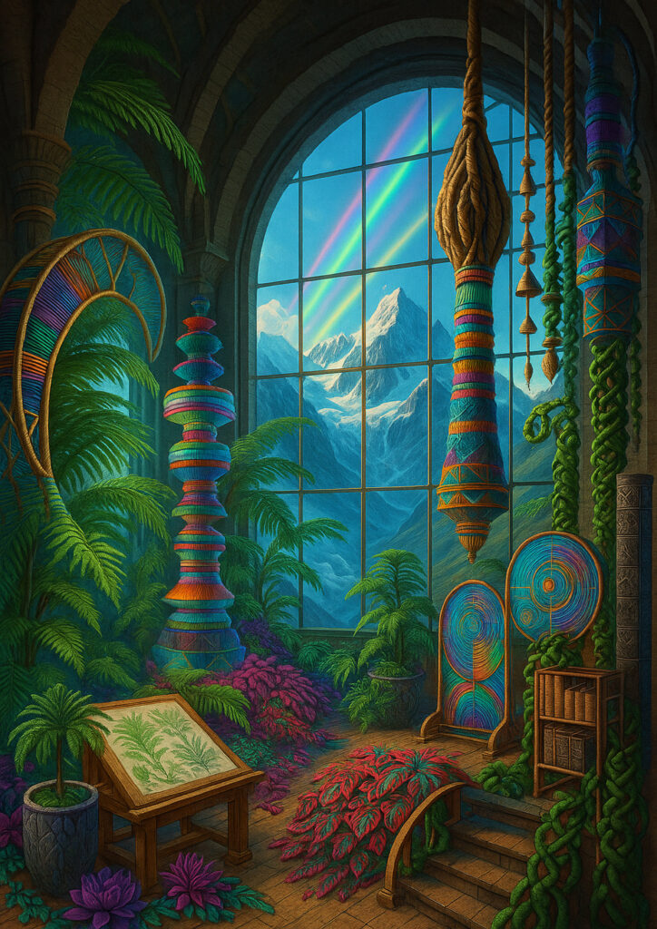 cozy room with cultural decor and warm lighting