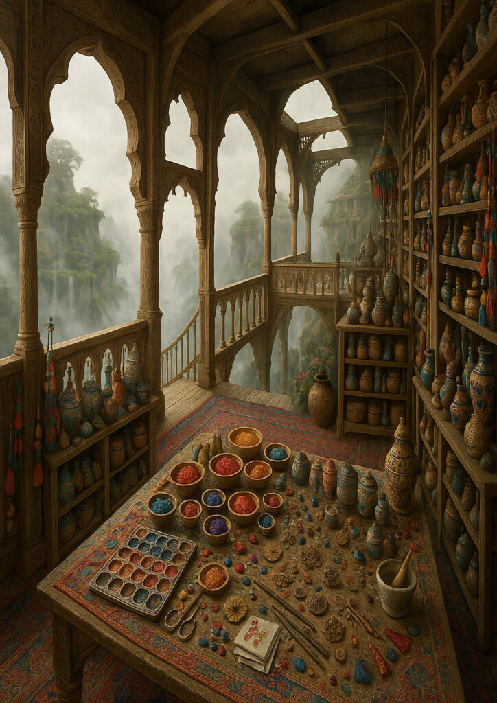 cozy room with cultural decor and warm lighting