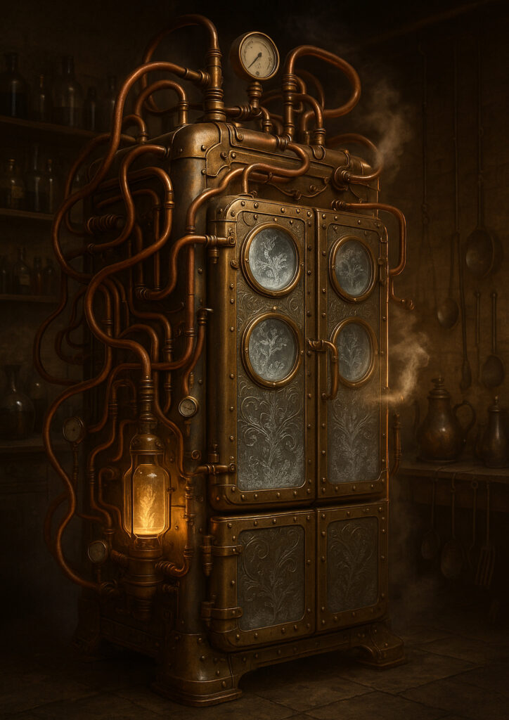Illustration of a familiar object transformed into a steampunk mechanical device.
