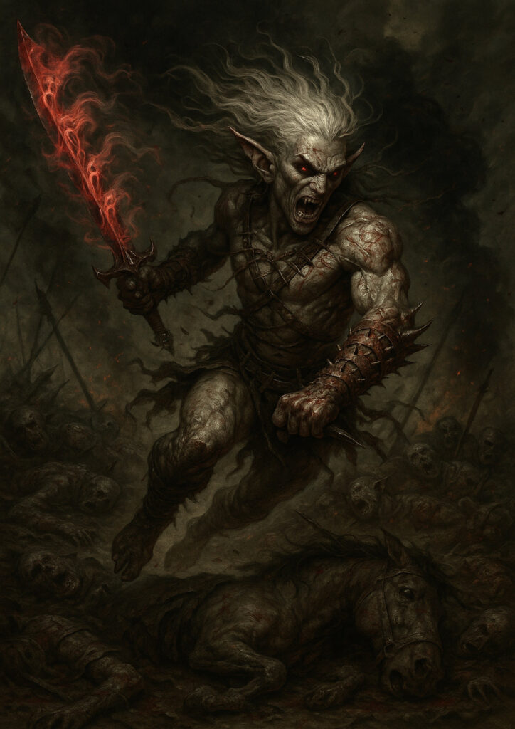 Warhammer inspired dark elf warrior in dark fantasy style