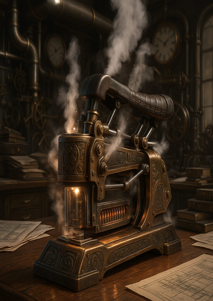 Illustration of a familiar object transformed into a steampunk mechanical device.