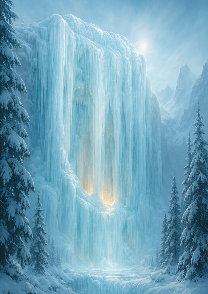 fantasy waterfall landscape artwork with mist and light