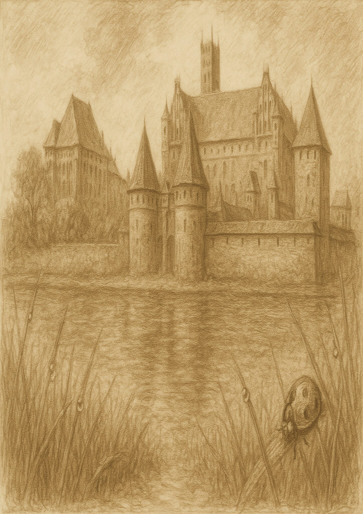 Fantasy castle sepia sketch artwork, architectural drawing style, vintage medieval castle illustration
