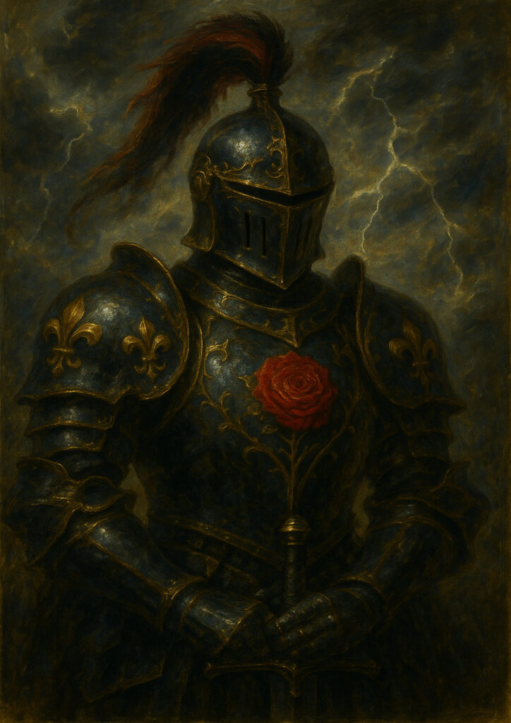 Epic fantasy knight character in heavy armor, detailed medieval armor design, high quality digital wall art