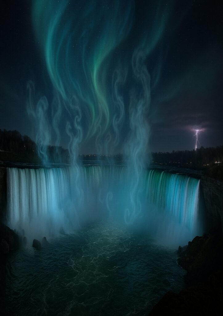 photorealistic waterfall landscape image with natural mist