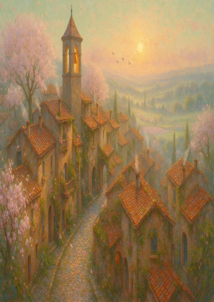 spring countryside landscape artwork showing rural fields