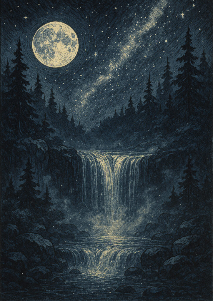 ink waterfall landscape drawing with dynamic lines