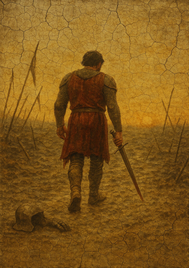 Fantasy knight fresco art, medieval wall painting style, antique plaster texture, traditional knight illustration