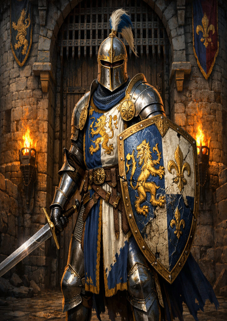 Heavily armored knights with warhammer influence