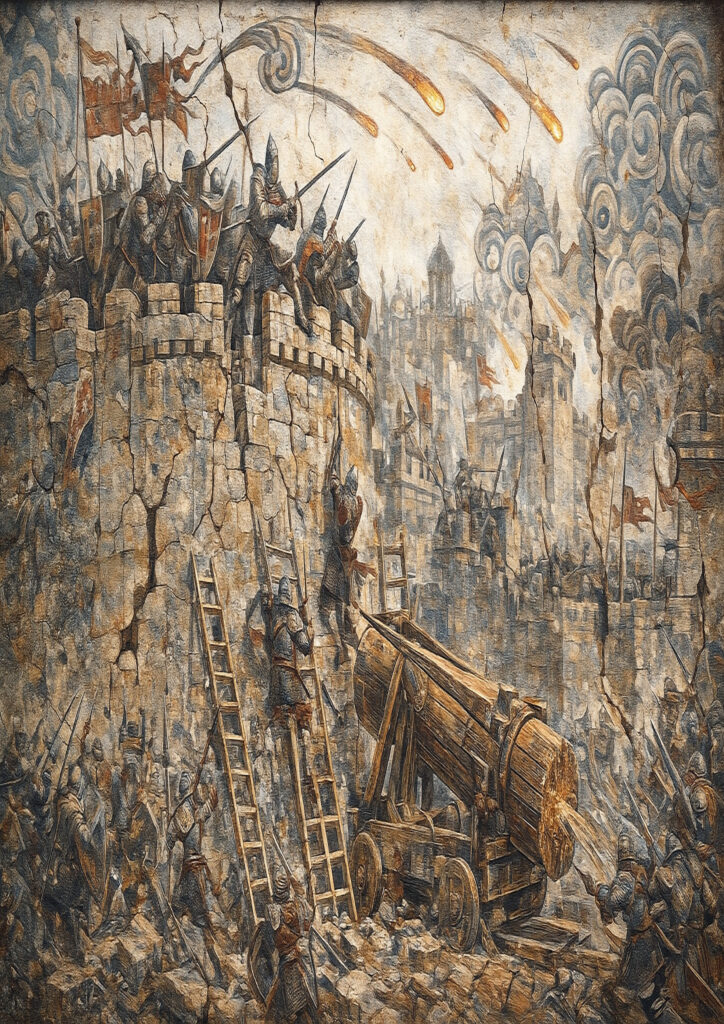 Medieval fresco inspired artwork, aged wall painting look, classic historical art style illustration