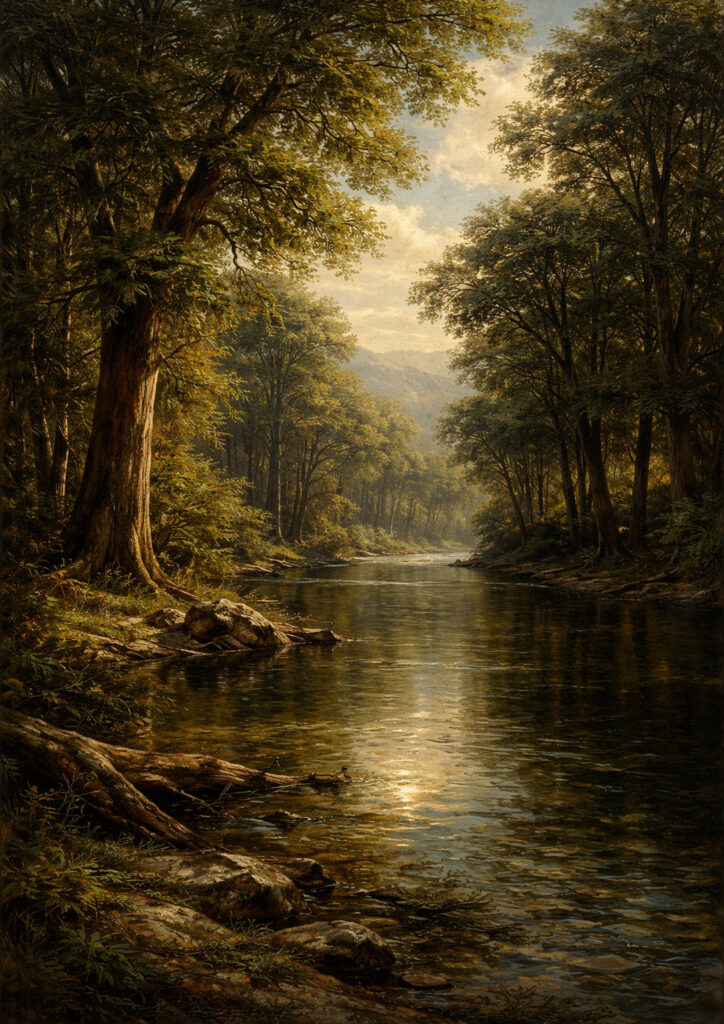 forest landscape artwork with trees and natural light