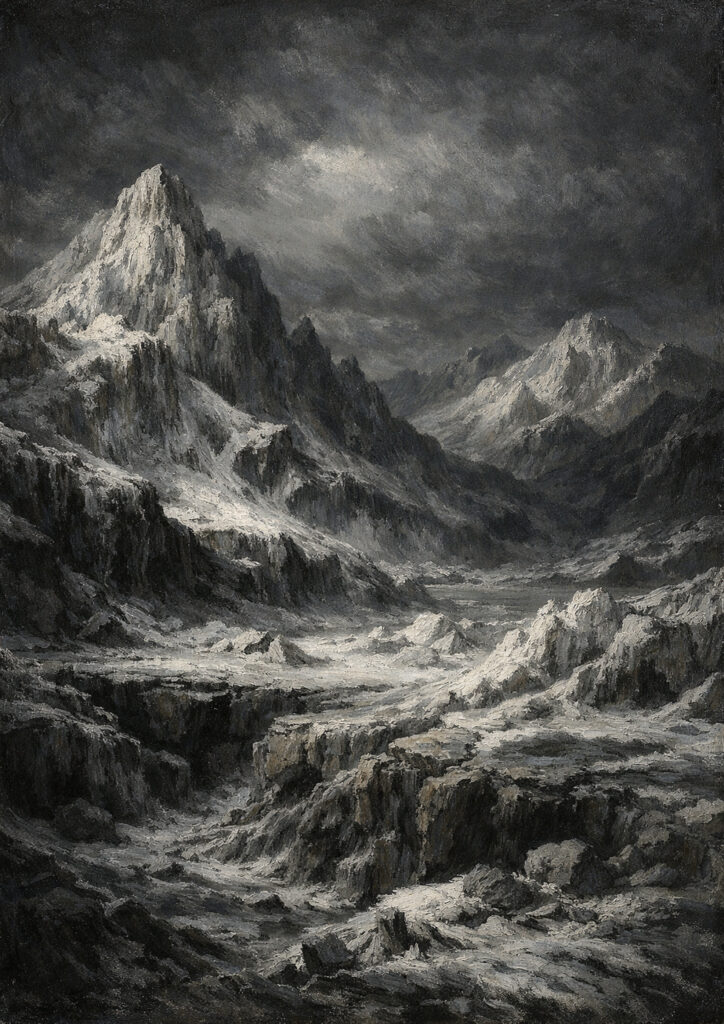 mountain landscape illustration with dramatic lighting