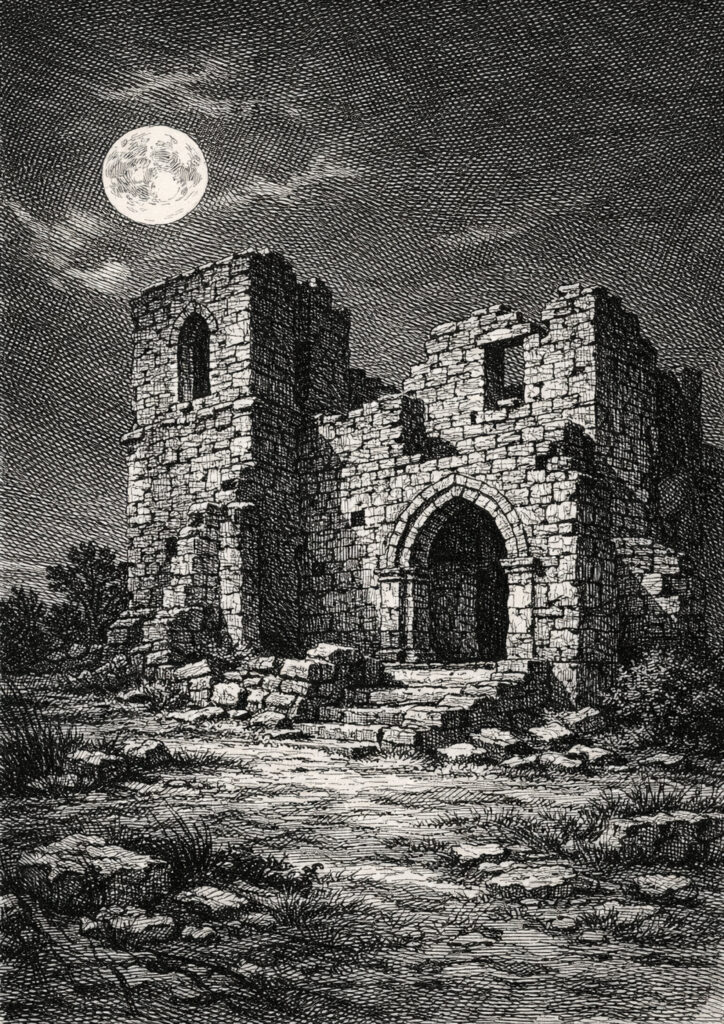 ruins landscape sketch illustration with ruined landscape