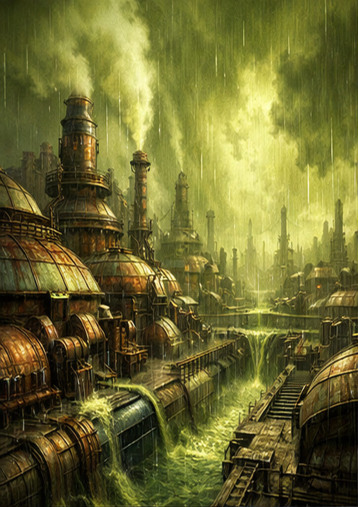 Illustration of a steampunk landscape blending industrial architecture with imaginative mechanical terrain.