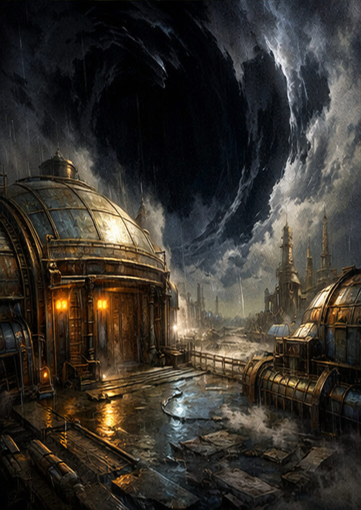 Illustration of a steampunk landscape blending industrial architecture with imaginative mechanical terrain.