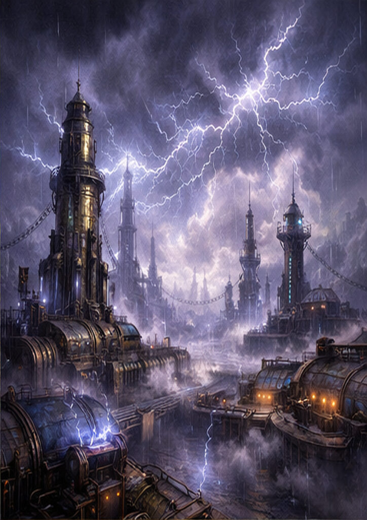 Illustration of a steampunk landscape blending industrial architecture with imaginative mechanical terrain.