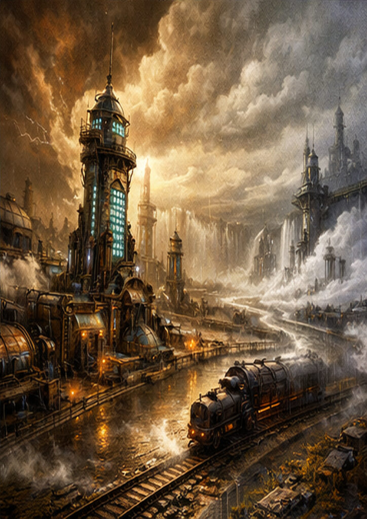 Illustration of a steampunk landscape blending industrial architecture with imaginative mechanical terrain.