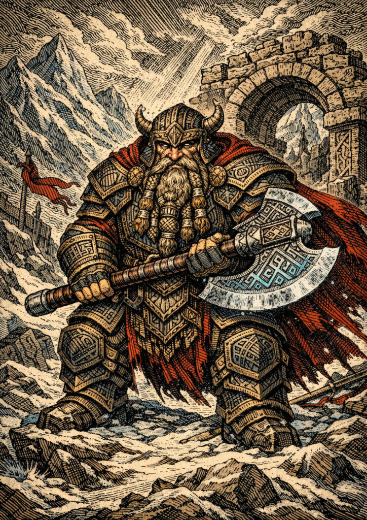 Epic warhammer inspired dwarfs battlefield scene