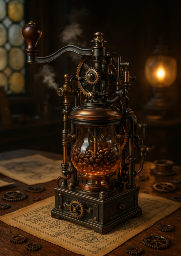 Everyday item illustrated as a steampunk invention inspired by Victorian industrial technology.