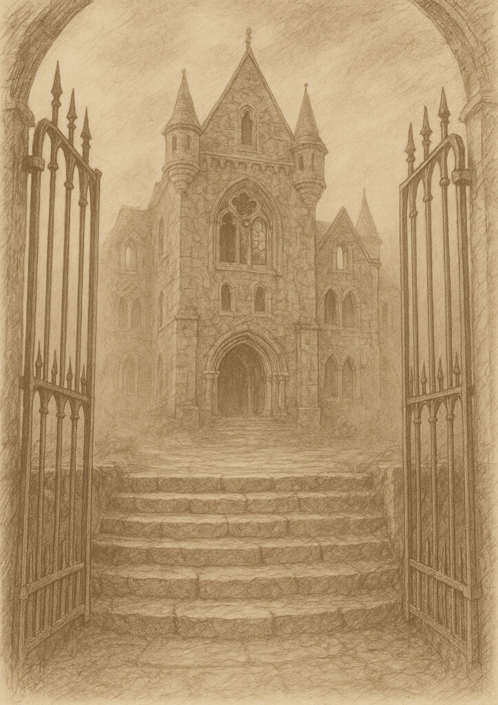 Fantasy castle sepia sketch artwork, architectural drawing style, vintage medieval castle illustration