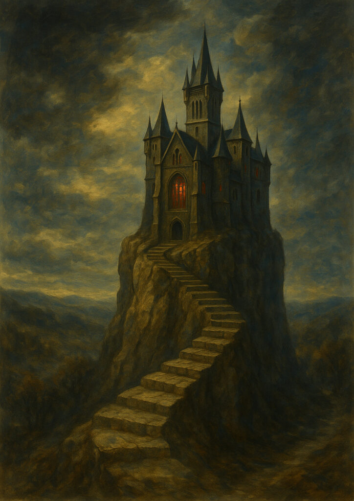 Fantasy castle painterly illustration, hand-painted look, artistic medieval fortress wall decor