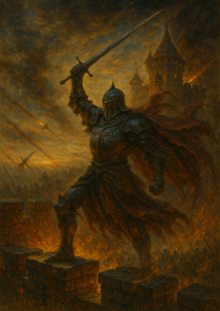 Epic fantasy knight character in heavy armor, detailed medieval armor design, high quality digital wall art