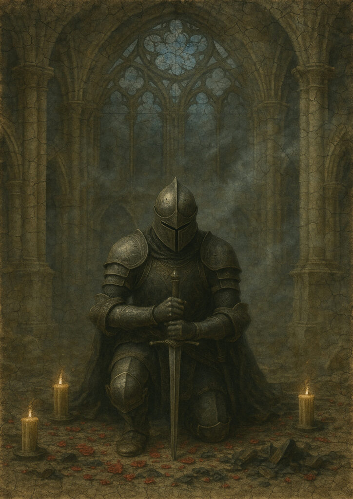 Fantasy knight fresco art, medieval wall painting style, antique plaster texture, traditional knight illustration