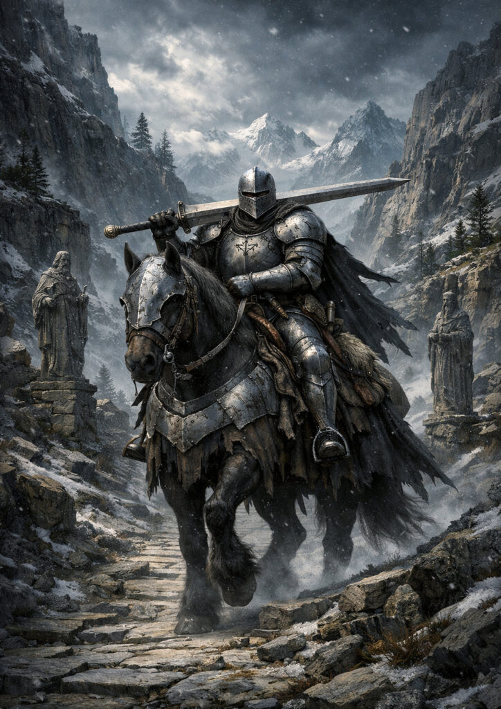 Heavily armored knights with warhammer influence