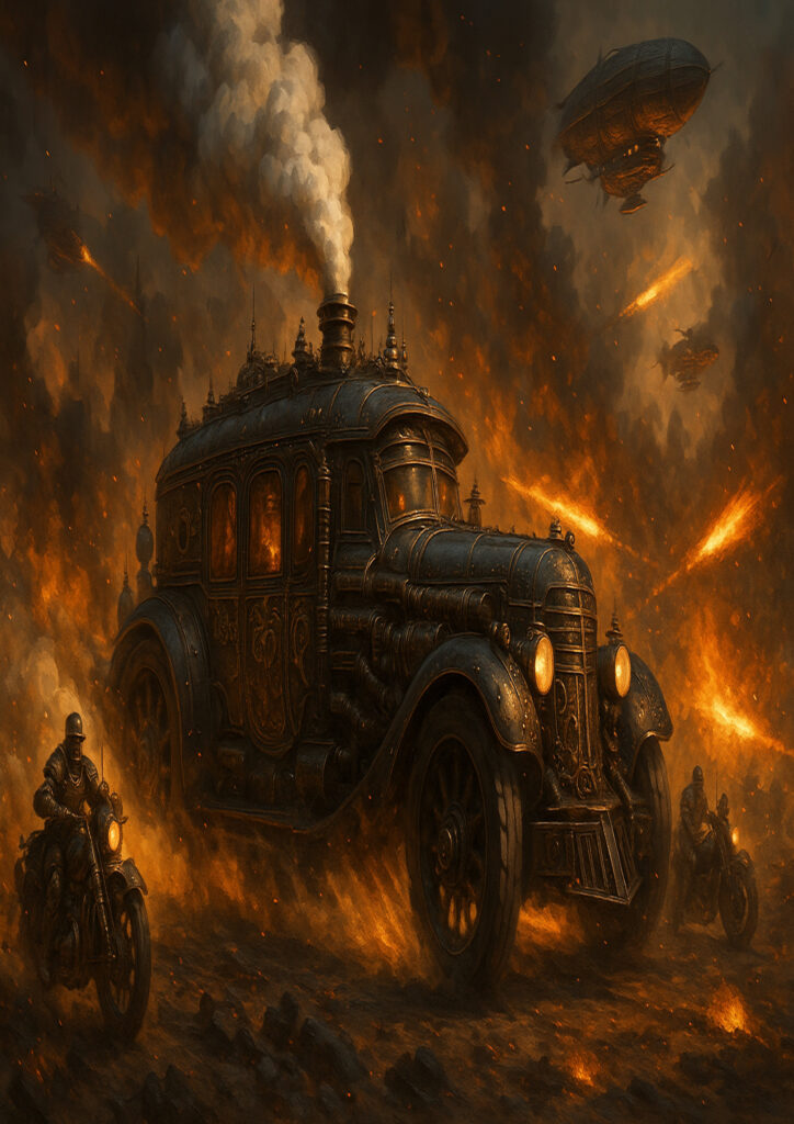 Steampunk vehicle illustration inspired by early industrial technology and mechanical craftsmanship.