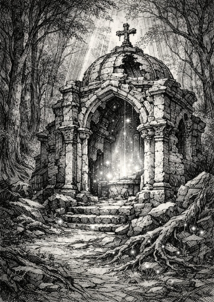 ruins landscape sketch illustration with ruined landscape