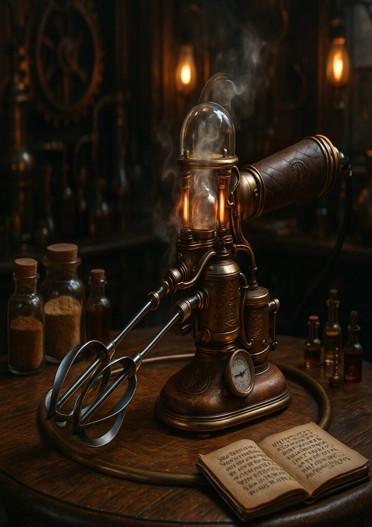 Steampunk everyday item artwork portraying a functional object enhanced with gears and steam-powered elements.