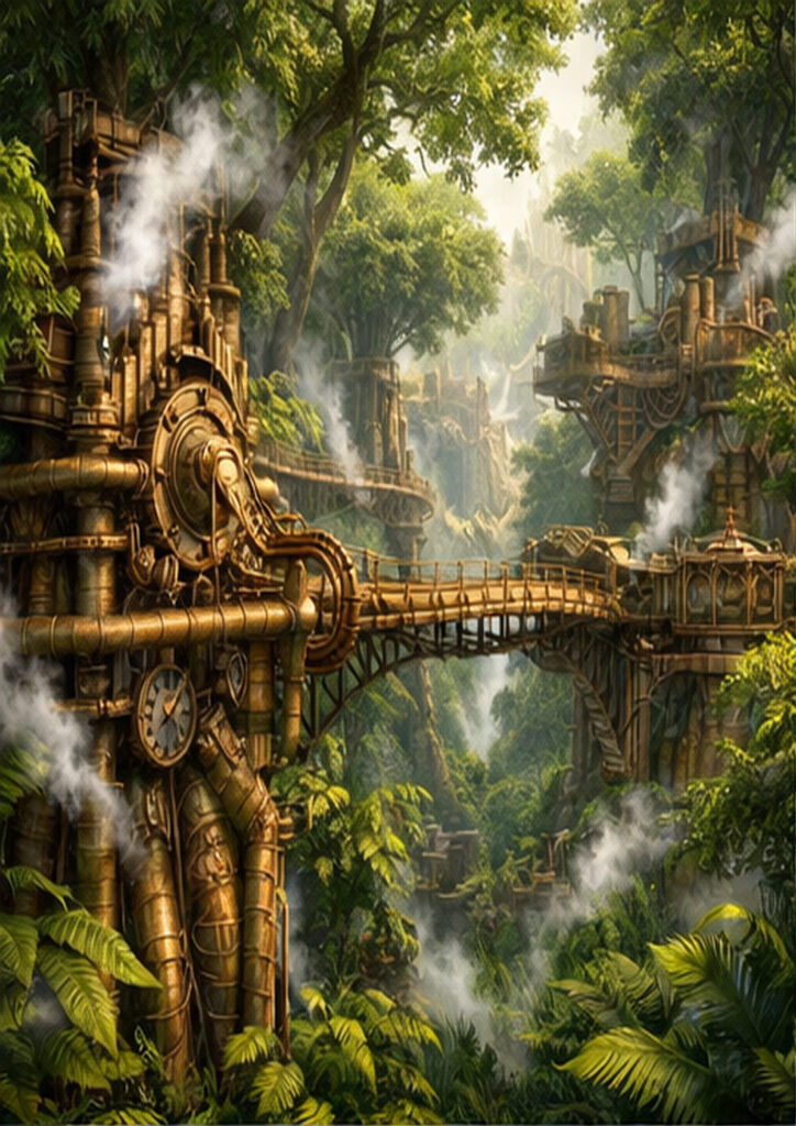 Steampunk landscape illustration showing a mechanical cityscape powered by steam and intricate machinery.