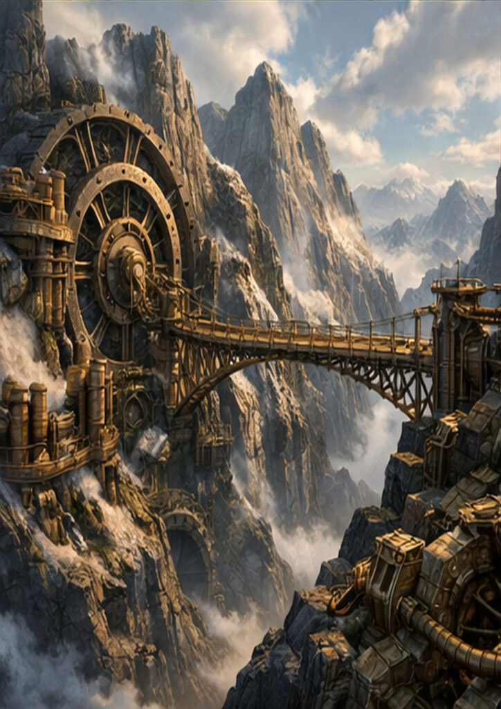 Steampunk landscape illustration showing a mechanical cityscape powered by steam and intricate machinery.