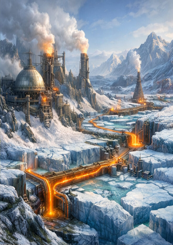 Steampunk landscape illustration showing a mechanical cityscape powered by steam and intricate machinery.