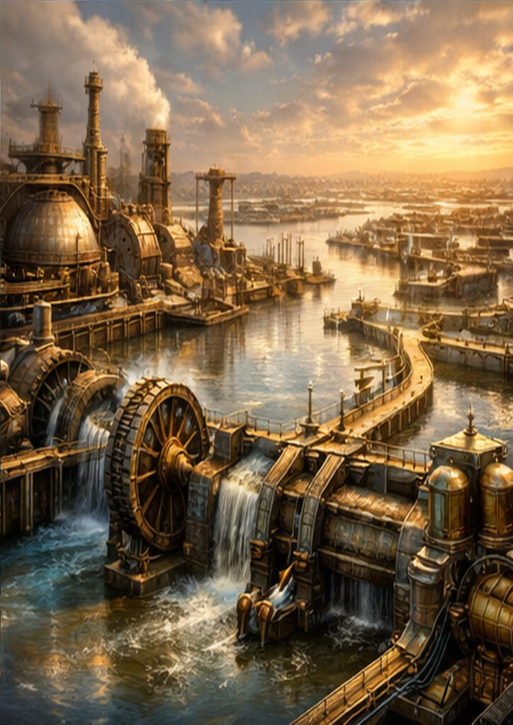 Steampunk landscape illustration showing a mechanical cityscape powered by steam and intricate machinery.