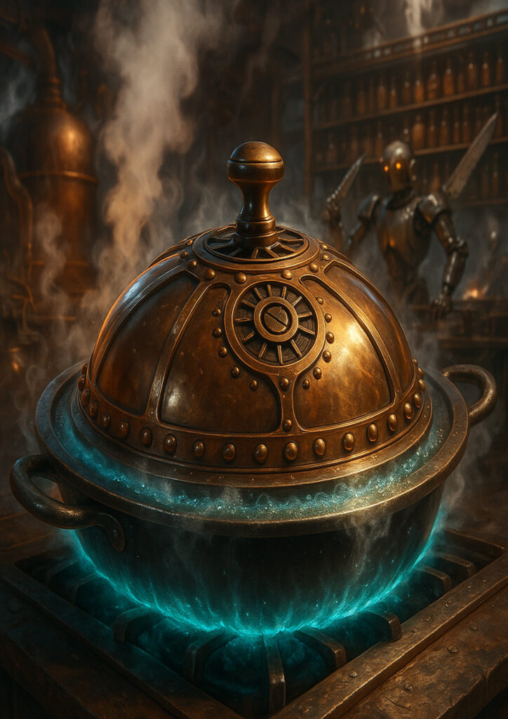 Steampunk artwork depicting a common item redesigned with pipes, gears, and steam-powered details.