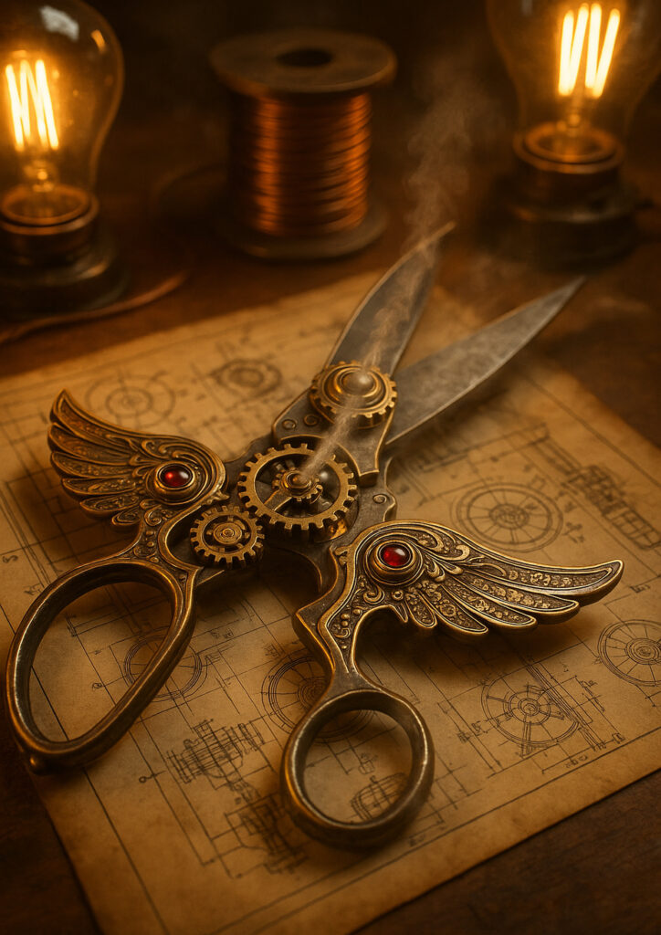 Steampunk artwork depicting a common item redesigned with pipes, gears, and steam-powered details.