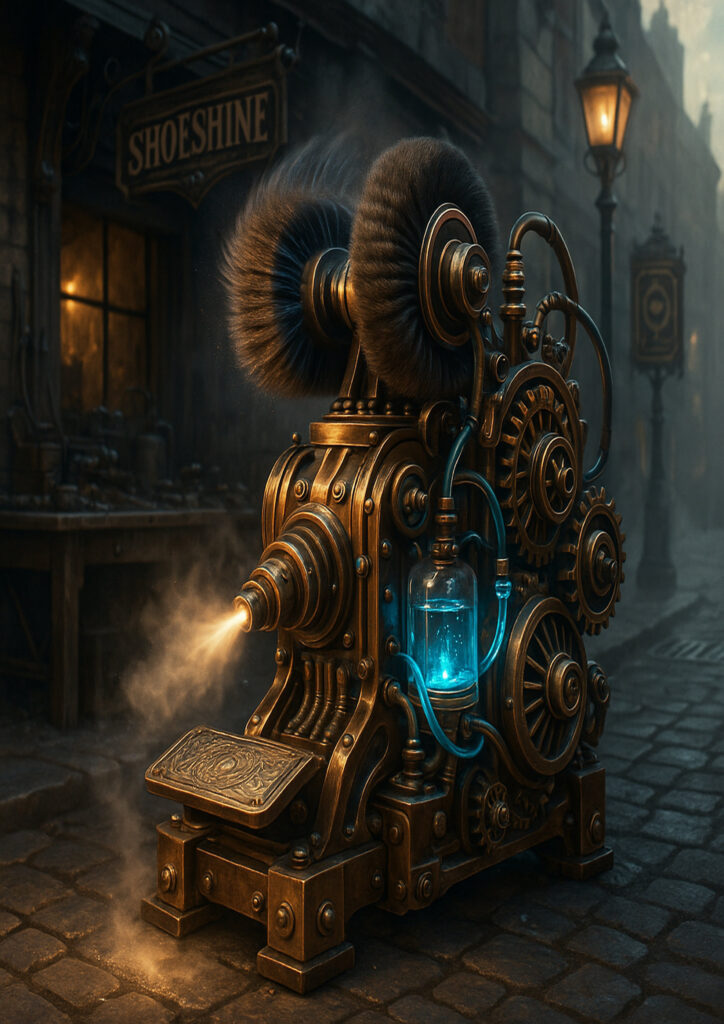 Industrial-style steampunk everyday item illustration featuring exposed mechanisms and metal textures.