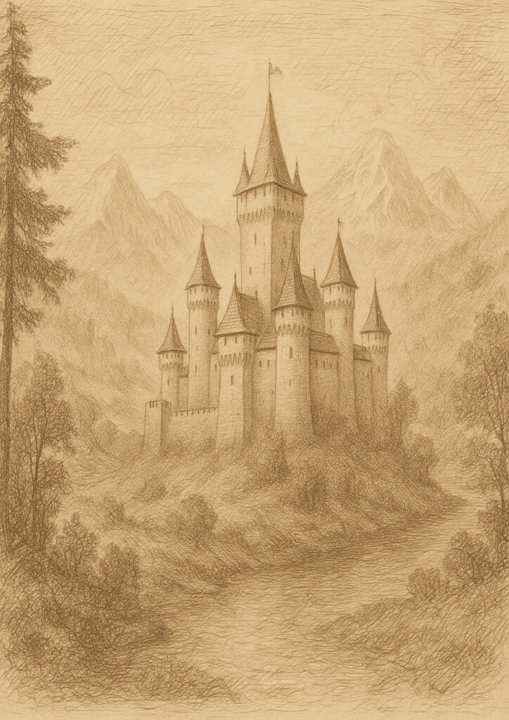 Medieval castle sepia sketch, detailed pencil and ink drawing, historic fortress illustration in antique style