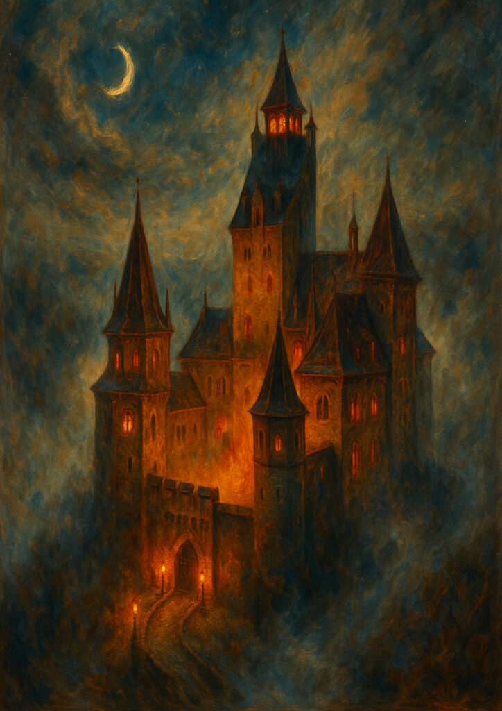 Medieval castle in painterly style, textured brushwork, atmospheric fantasy architecture painting