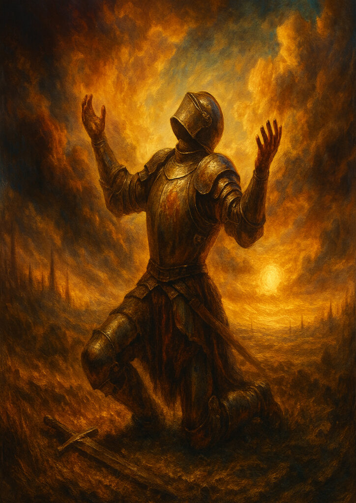 Armored medieval knight with sword and shield, realistic fantasy knight artwork, cinematic lighting, wall art print