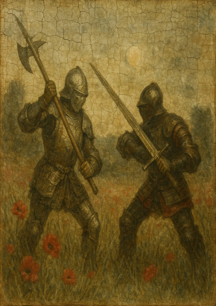 Fantasy knight fresco art, medieval wall painting style, antique plaster texture, traditional knight illustration
