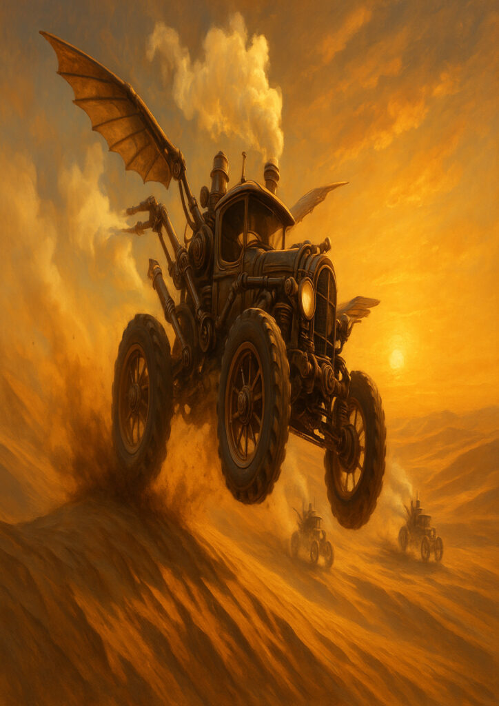 Steampunk vehicle illustration inspired by early industrial technology and mechanical craftsmanship.