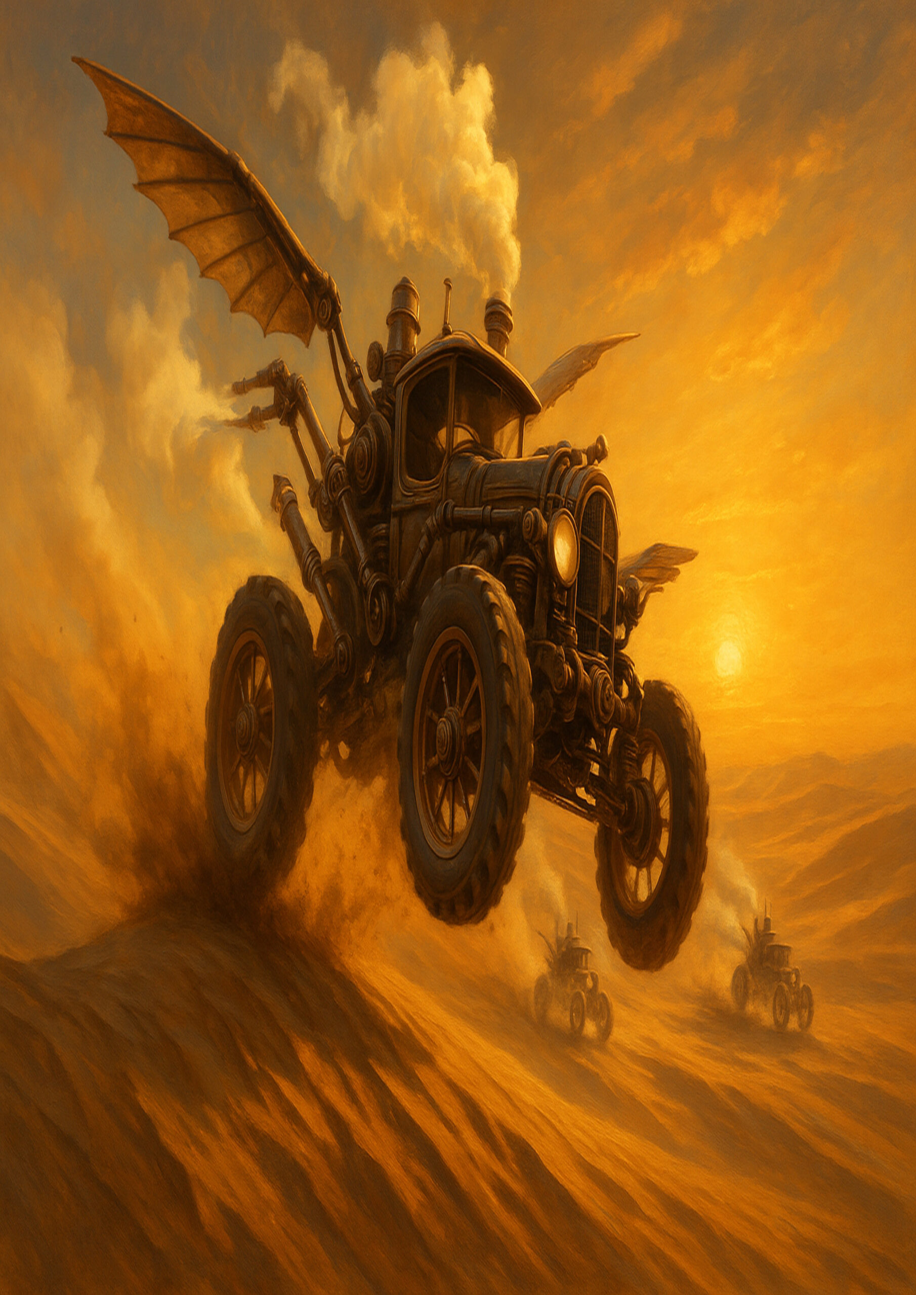 Steampunk vehicle illustration inspired by early industrial technology and mechanical craftsmanship.