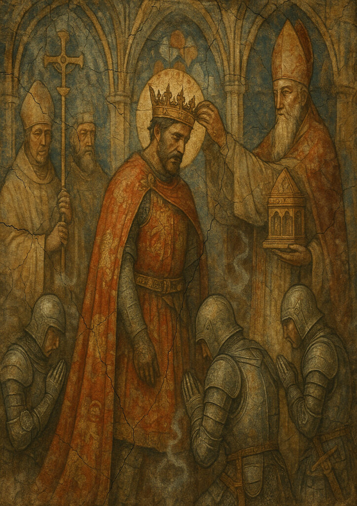 Traditional medieval fresco painting style, worn plaster wall, historic European mural illustration