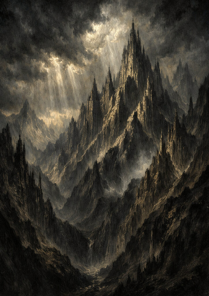 mountain landscape illustration with dramatic lighting