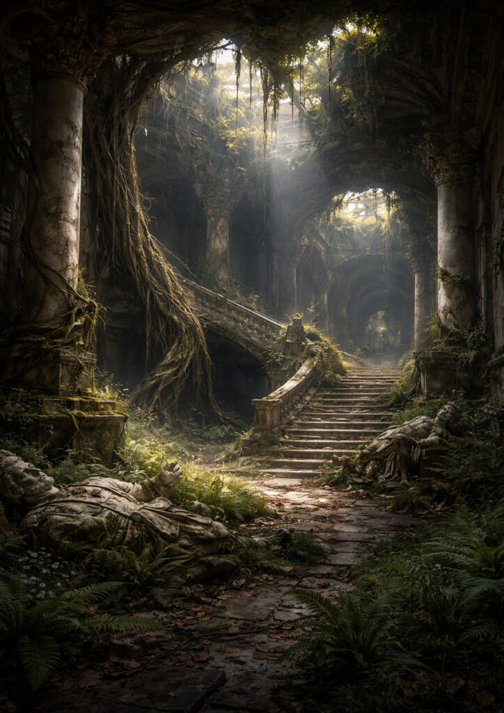 photorealistic ruins landscape image of forgotten city