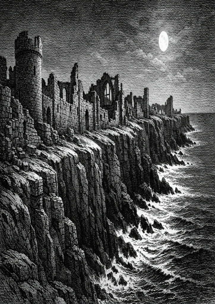 ruins landscape sketch illustration with ruined landscape